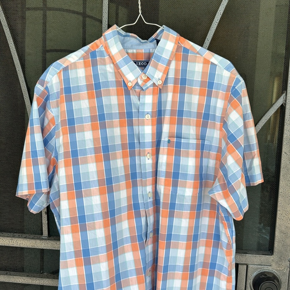 IZOD Men's Blue and Orange Plaid Shirt